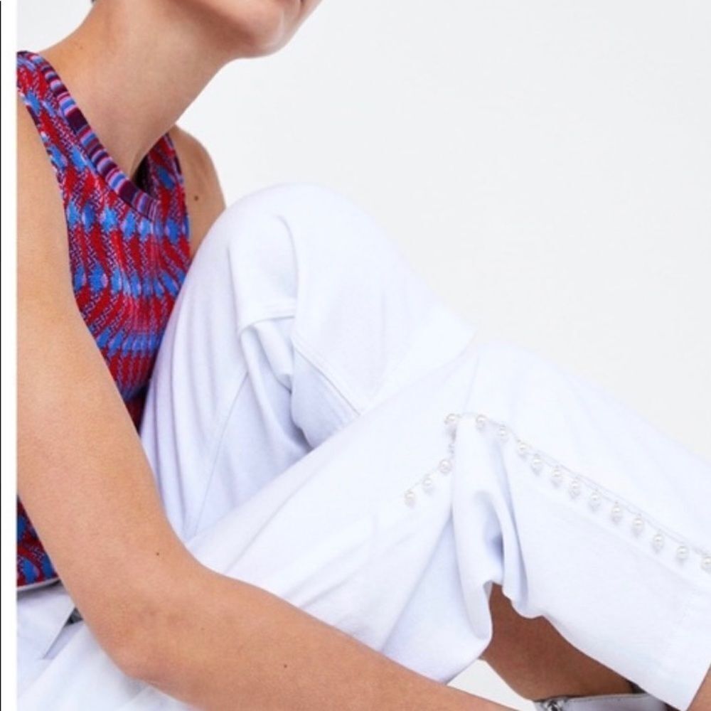 ZARA paperbag high waisted cropped white pearls beads jeans 4